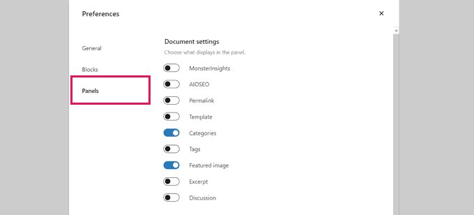 Show hide panels in block editor Show hide panels in block editor