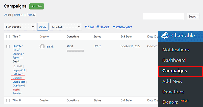 Click Edit With Builder link in Charitable Click Edit With Builder link in Charitable