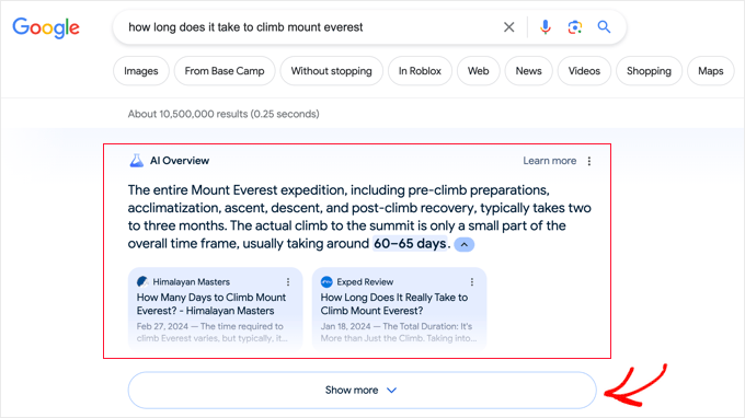 Google AI Overviews Example Example of a Google AI Overview answering a search about climbing Mount Everest
