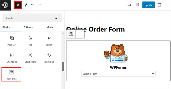 Add the WPForms block for the online order form Add the WPForms block for the online order form
