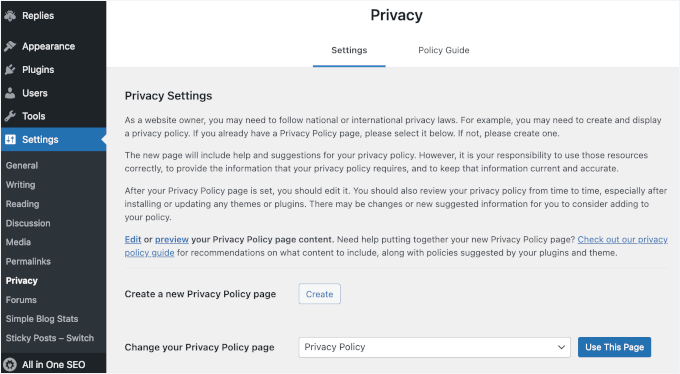Privacy page in WordPress settings Privacy page in WordPress settings
