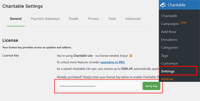 Add license key for WP Charitable Add license key for WP Charitable