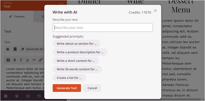 Inserting a prompt to generate text with SeedProd AI content generator Inserting a prompt to generate text with SeedProd AI content generator