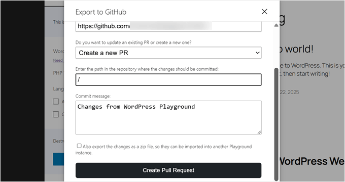 Creating a GitHub pull request in WordPress Playground Creating a GitHub pull request in WordPress Playground