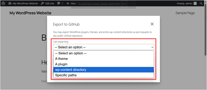 Choosing the type of file to export to GitHub in WordPress Playground Choosing the type of file to export to GitHub in WordPress Playground
