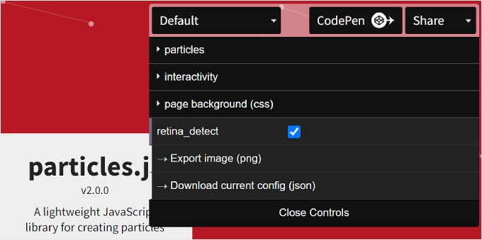 The particle page background settings in Vincent Garreau's website The particle page background settings in Vincent Garreau's website
