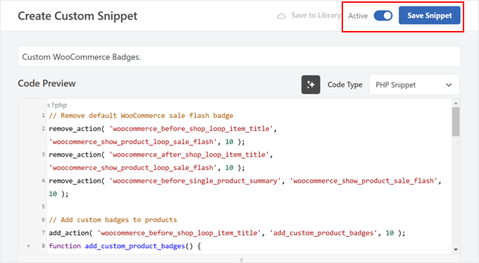 WPCode custom snippet for displaying WooCommerce product badges WPCode custom snippet for displaying WooCommerce product badges