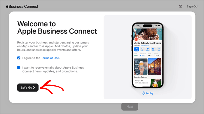 Clicking the Let's Go button in Apple Business Connect Clicking the Let's Go button in Apple Business Connect