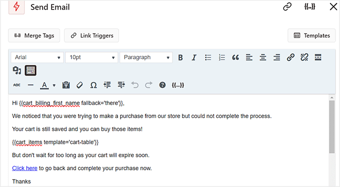 Add abandoned cart email content in the action prompt Add abandoned cart email content in the action prompt