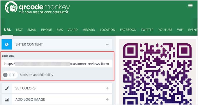 Add reviews page URL to generate a QR code