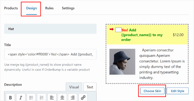 Clicking Choose Skin in the FunnelKit Order Bump Design tab Clicking Choose Skin in the FunnelKit Order Bump Design tab