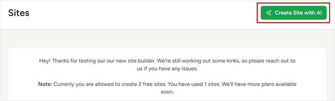 Clicking on the Create Site with AI button in SeedProd Clicking on the Create Site with AI button in SeedProd