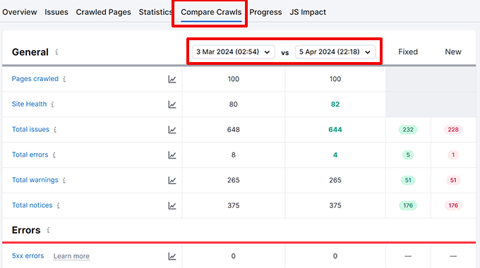 Compare crawls in Semrush Compare crawls in Semrush