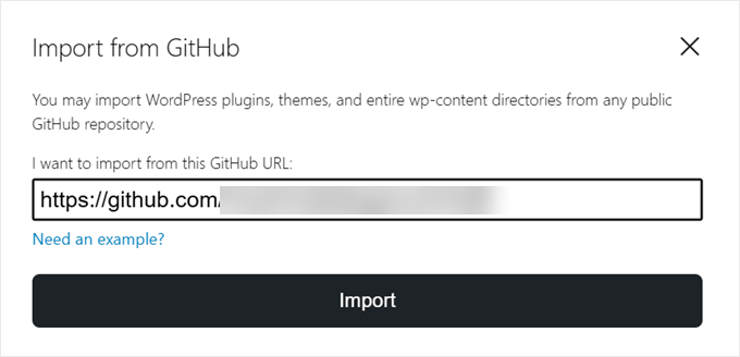 Entering the GitHub repository or path to import into WordPress Playground Entering the GitHub repository or path to import into WordPress Playground