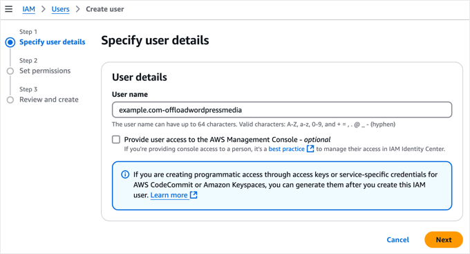Specify AWS User Details Specify AWS User Details