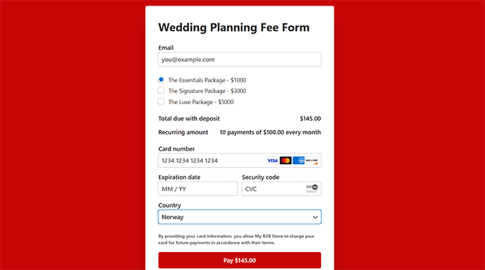 Preview of a form accepting deposit fees Preview of a form accepting deposit fees