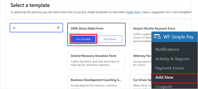 Choose SEPA direct debit form template Choose SEPA direct debit form template