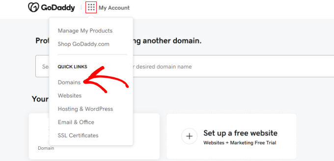 Go to domains in GoDaddy Go to domains in GoDaddy