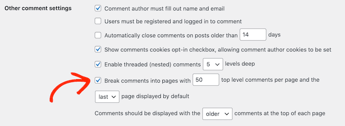 configuring-comment-pagination The Break comments into pages setting in the WordPress Discussion settings