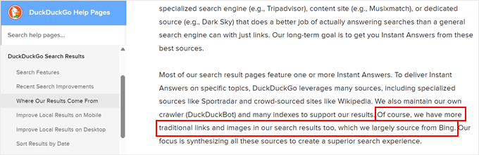 DuckDuckGo's explanation about sourcing from Bing DuckDuckGo's explanation about sourcing from Bing