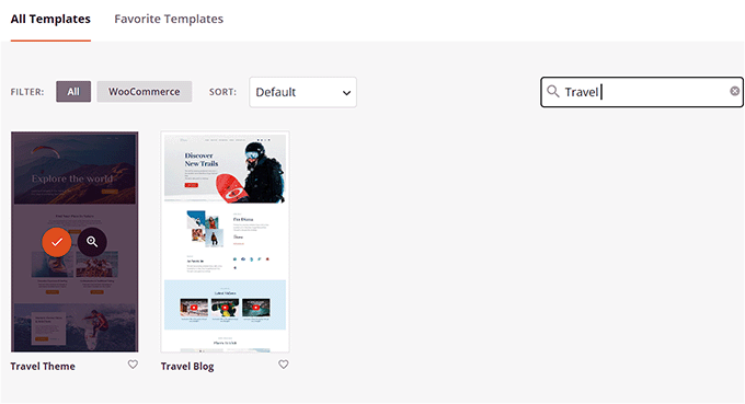 Choose SeedProd's travel template Choose SeedProd's travel template