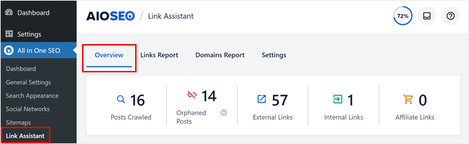 The Link Assistant dashboard in AIOSEO The Link Assistant dashboard in AIOSEO