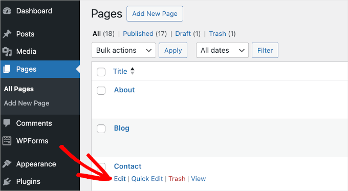 wpadminarea-pages-allpages-contact-edit The Edit button for editing a WordPress page