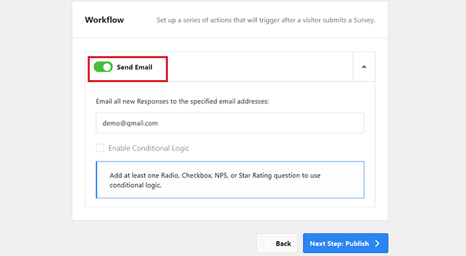 Toggle send email switch Toggle send email switch