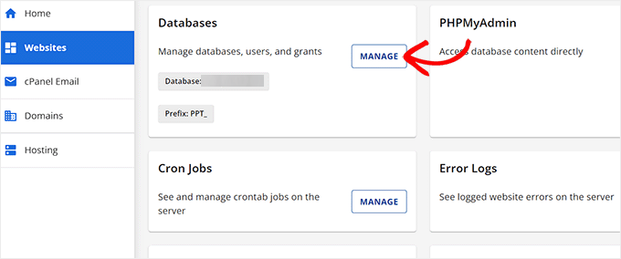 Click the Manage button next to the Database section Click the Manage button next to the Database section