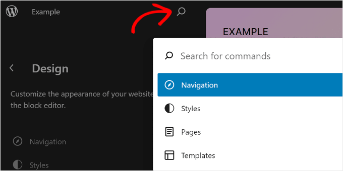 Clicking the magnifying glass icon in WordPress Full Site Editor Clicking the magnifying glass icon in WordPress Full Site Editor