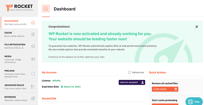 WP Rocket dashboard WP Rocket dashboard