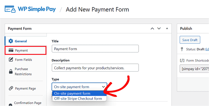 Add a name for your form and switch to the Payment tab Add a name for your form and switch to the Payment tab