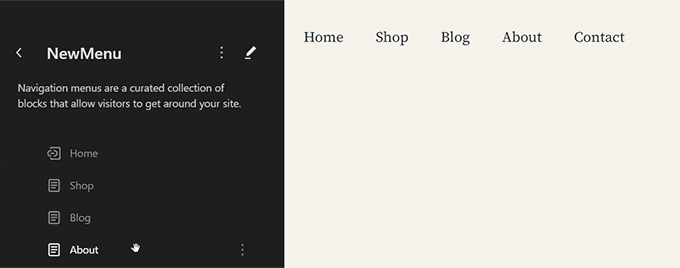 Editing menus in the site editor Editing menus in the site editor