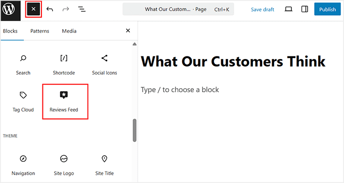 Add reviews feed block in WordPress page or post