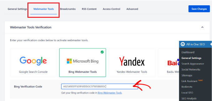 Enter Bing verification code in AIOSEO Enter Bing verification code in AIOSEO
