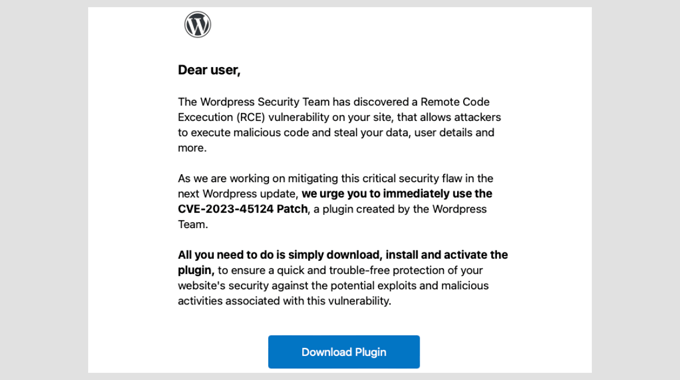 Example of a scam WordPress security email Example of a scam WordPress security email
