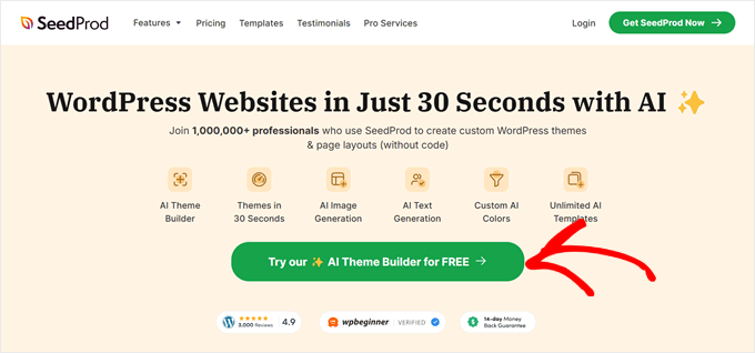 Clicking on the Try AI Theme Builder button on SeedProd landing page Clicking on the Try AI Theme Builder button on SeedProd landing page