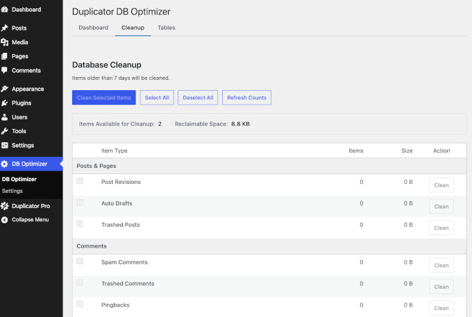 Optimize database with DB Optimizer by Duplicator