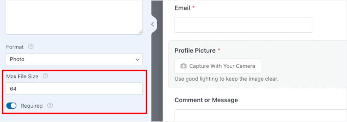 Setting the maximum file size and making the field required