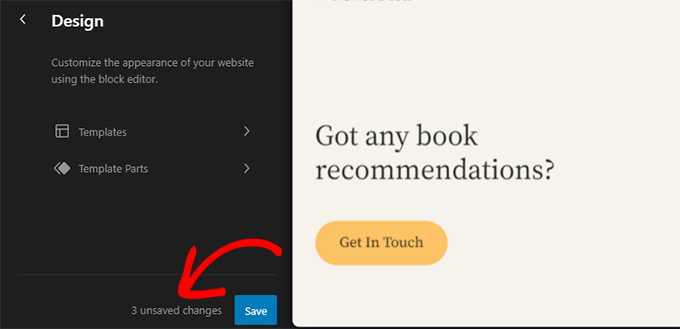 Unsaved changes in site editor Unsaved changes in site editor