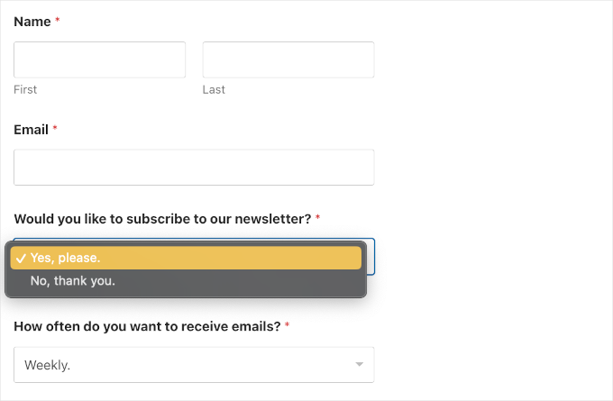 A contact form with dropdown fields embedded on a WordPress website A contact form with dropdown fields embedded on a WordPress website