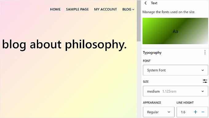 The Text element settings in WordPress Full Site Editor The Text element settings in WordPress Full Site Editor