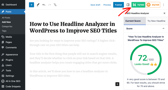Click the SEO headline analyzer button Click the SEO headline analyzer button