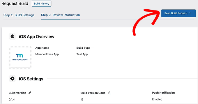 Click Send Build Request button in MemberPress AppKit
