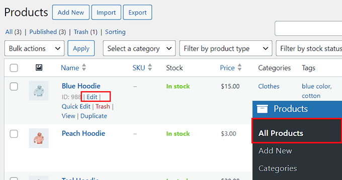 Edit a product by clicking on the link Edit a product by clicking on the link
