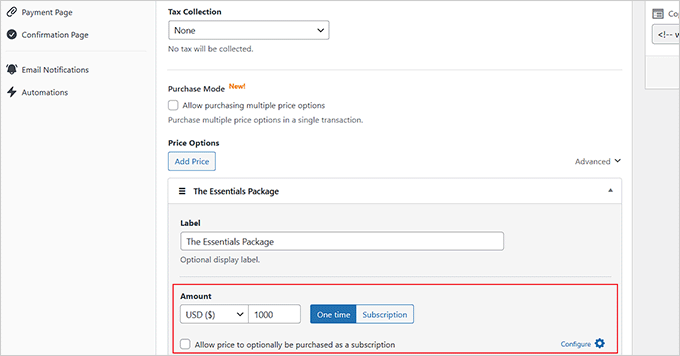 Add pricing and click the Configure link Add pricing and click the Configure link