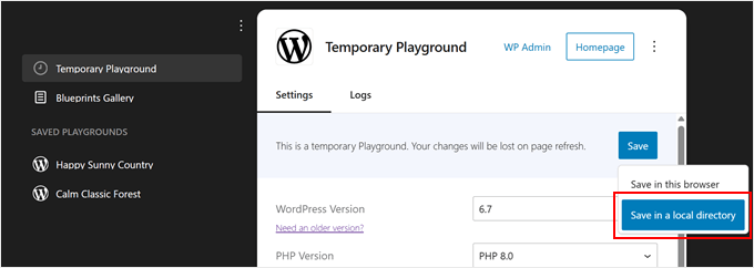Saving a WordPress Playground instance in the local directory Saving a WordPress Playground instance in the local directory