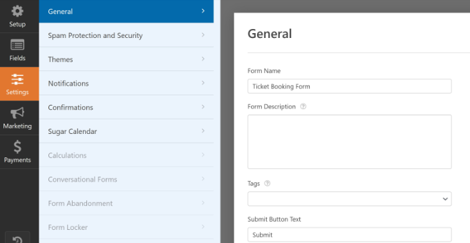 General form settings General form settings