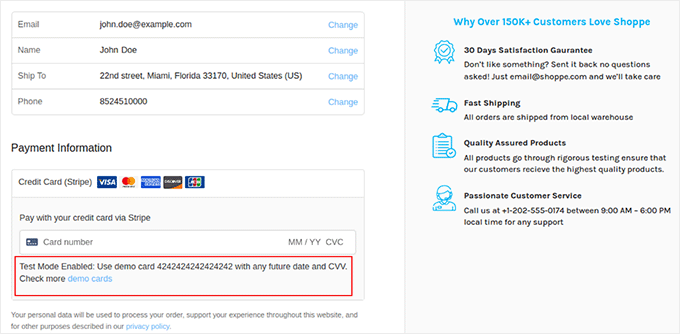 Add demo details to test Stripe payments Add demo details to test Stripe payments