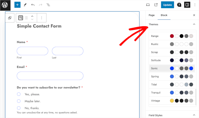 The themes section in the WPForms block setting The themes section in the WPForms block setting
